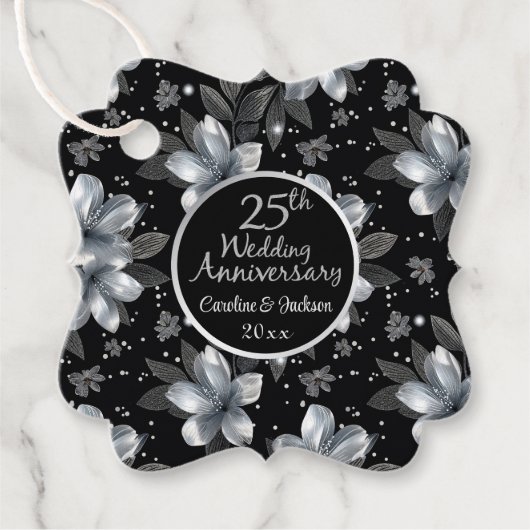 25th Silver Glitter Floral Wedding Jubileum Bedankjes Labels (Voorkant)