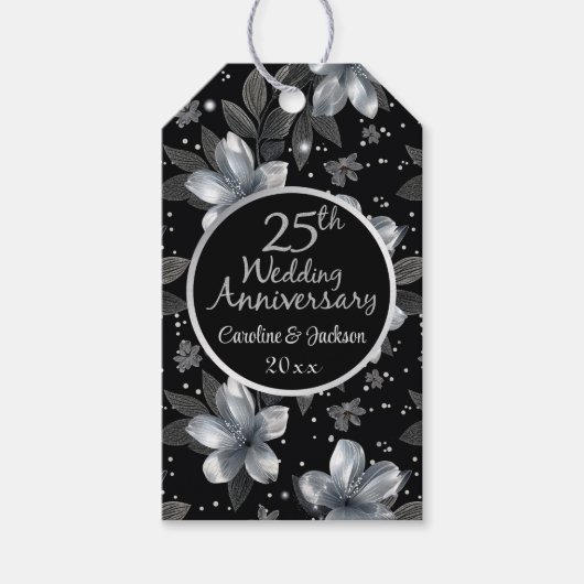 25th Silver Glitter Floral Wedding Jubileum Cadeaulabel (Voorkant)