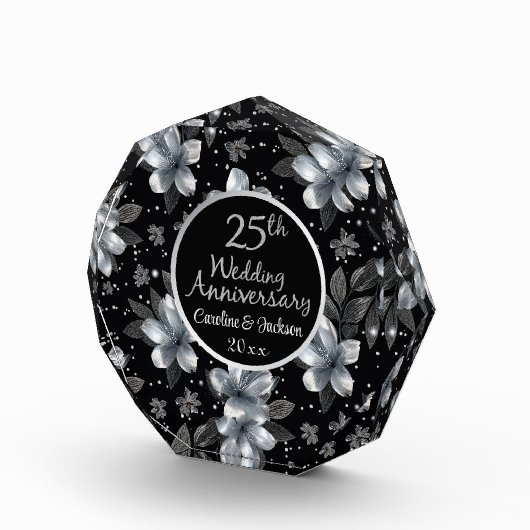 25th Silver Glitter Floral Wedding Jubileum Fotoblokken (Rechts)