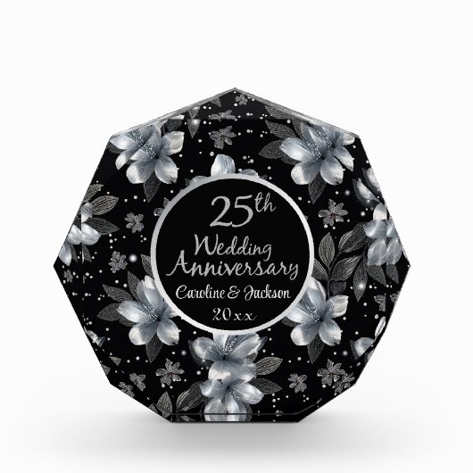 25th Silver Glitter Floral Wedding Jubileum Fotoblokken (Voorkant)