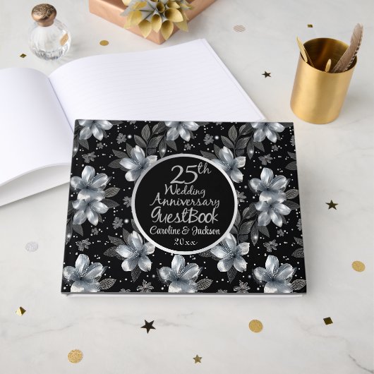 25th Silver Glitter Floral Wedding Jubileum Gastenboek (Voorkant open)