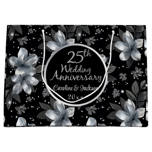 25th Silver Glitter Floral Wedding Jubileum Groot Cadeauzakje (Voorkant)