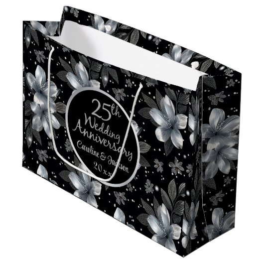 25th Silver Glitter Floral Wedding Jubileum Groot Cadeauzakje (Voorkant Gekanteld)