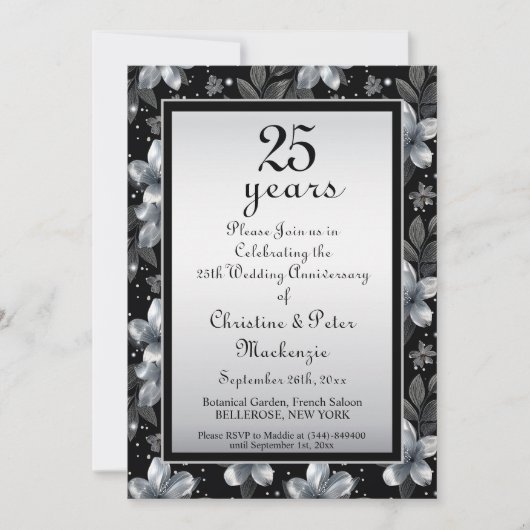 25th Silver Glitter Floral Wedding Jubileum Kaart (Voorkant)