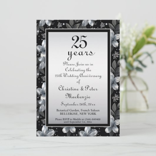 25th Silver Glitter Floral Wedding Jubileum Kaart (Staand voorkant)