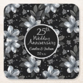 25th Silver Glitter Floral Wedding Jubileum Kartonnen Onderzetters (Voorkant)
