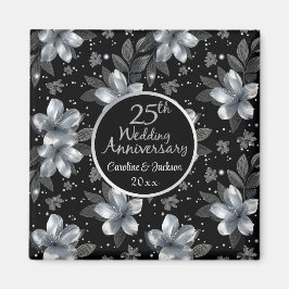 25th Silver Glitter Floral Wedding Jubileum Magneet