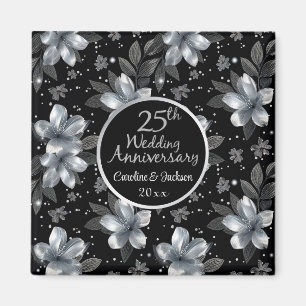 25th Silver Glitter Floral Wedding Jubileum Magneet
