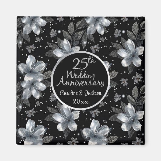 25th Silver Glitter Floral Wedding Jubileum Magneet (Voorkant)