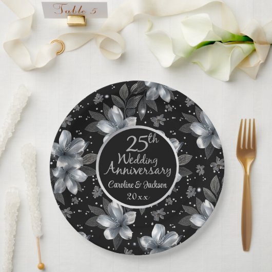 25th Silver Glitter Floral Wedding Jubileum Papieren Bordje (Huwelijk)
