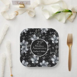 25th Silver Glitter Floral Wedding Jubileum Papieren Bordje