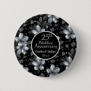 25th Silver Glitter Floral Wedding Jubileum Ronde Button 5,7 Cm
