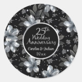 25th Silver Glitter Floral Wedding Jubileum Ronde Sticker (Voorkant)