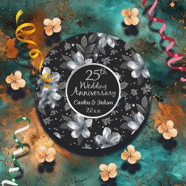25th Silver Glitter Floral Wedding Jubileum Ronde Sticker