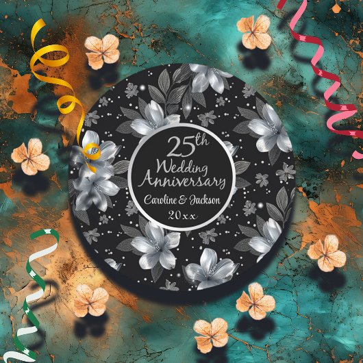 25th Silver Glitter Floral Wedding Jubileum Ronde Sticker