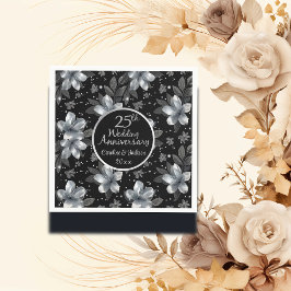 25th Silver Glitter Floral Wedding Jubileum Servet