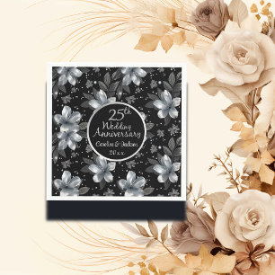 25th Silver Glitter Floral Wedding Jubileum Servet