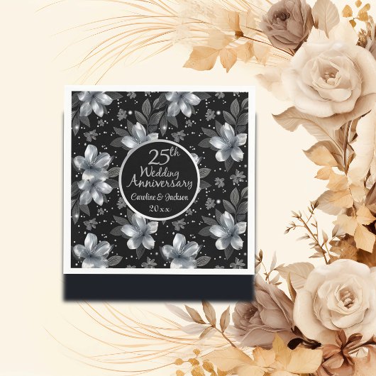25th Silver Glitter Floral Wedding Jubileum Servet