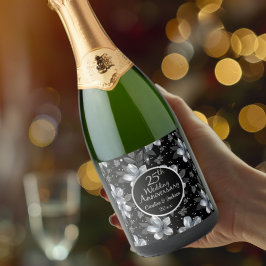 25th Silver Glitter Floral Wedding Jubileum Sparkling Wijnetiket