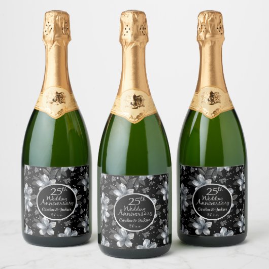 25th Silver Glitter Floral Wedding Jubileum Sparkling Wijnetiket (Flessen)