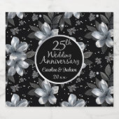 25th Silver Glitter Floral Wedding Jubileum Sparkling Wijnetiket (Enkel label)