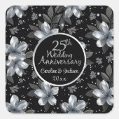 25th Silver Glitter Floral Wedding Jubileum Vierkante Sticker (Voorkant)