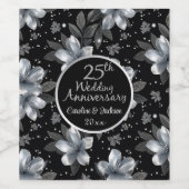 25th Silver Glitter Floral Wedding Jubileum Wijn Etiket (Enkel label)