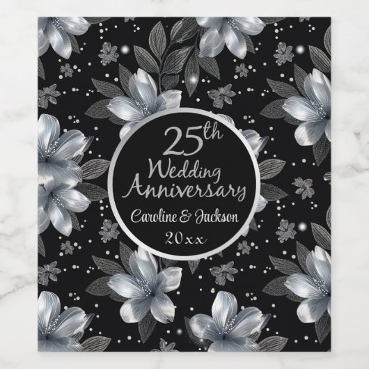 25th Silver Glitter Floral Wedding Jubileum Wijn Etiket (Enkel label)