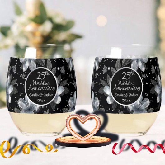 25th Silver Glitter Floral Wedding Jubileum Wijnglas Zonder Voet