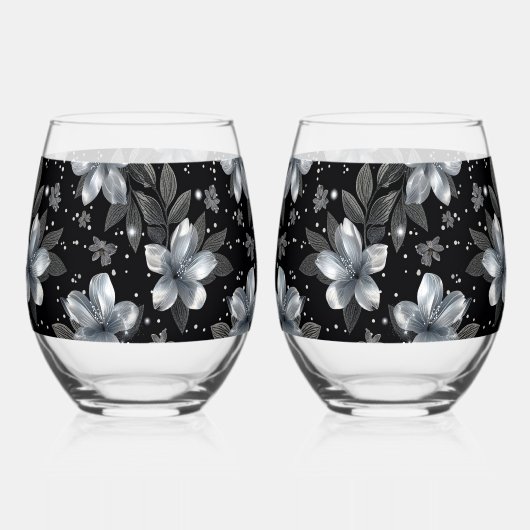25th Silver Glitter Floral Wedding Jubileum Wijnglas Zonder Voet (Achterkant)