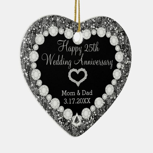 25th Silver Glitter Wedding Jubileum Keepslag Keramisch Ornament (Rechts)