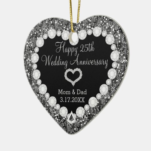 25th Silver Glitter Wedding Jubileum Keepslag Keramisch Ornament (Links)