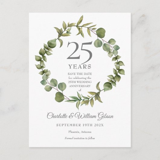 25th Silver Jubileum sparen de Datum Greenery Aankondigingskaart (Voorkant)