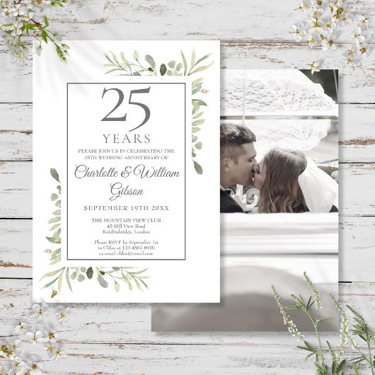 25th Silver Jubileum Wedding Photo Greenery Kaart