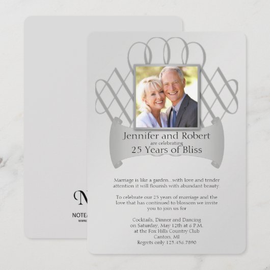 25th Silver Scroll Wedding Jubileum Uitnodiging (Voorkant / Achterkant)