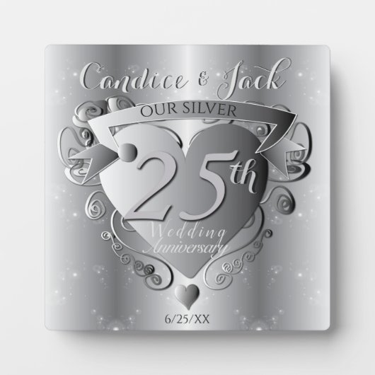 25th Silver Wedding Jubileum 3D Heart Emblem Fotoplaat (Voorkant)