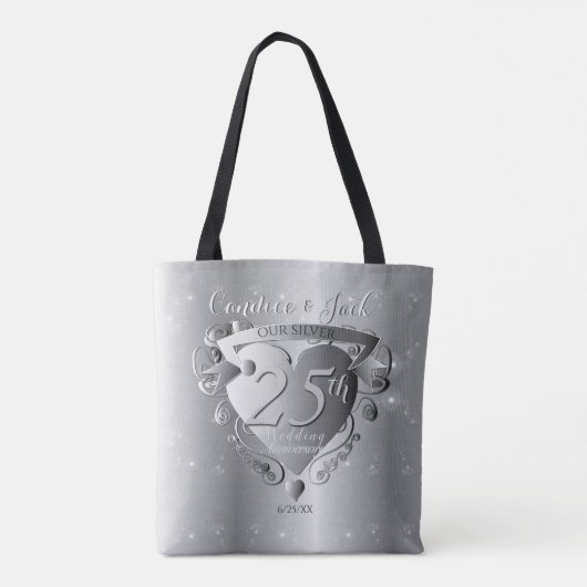 25th Silver Wedding Jubileum 3D Heart Emblem Tote Bag (Achterkant)