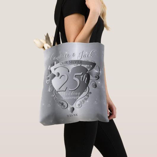 25th Silver Wedding Jubileum 3D Heart Emblem Tote Bag (Dichtbij)
