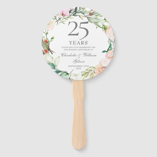25th Silver Wedding Jubileum Bloemen Rozen Foto Handwaaier (Voorkant)