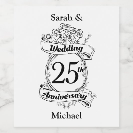 25th Silver Wedding Jubileum Flowers Roos Wijn Etiket (Enkel label)