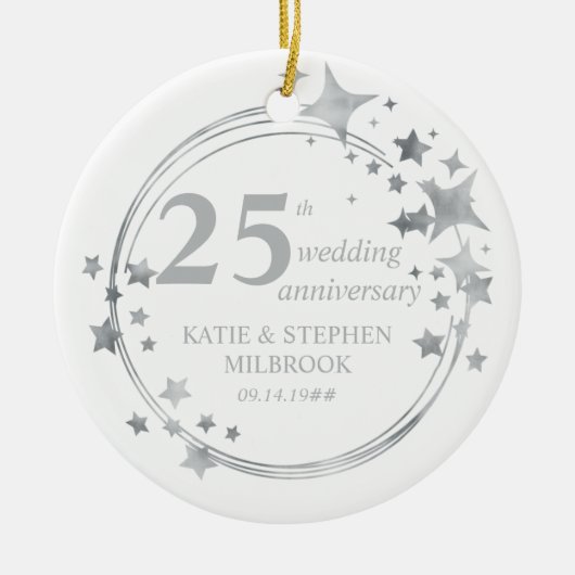 25th Silver Wedding Jubileum Foto Zilveren Stars Keramisch Ornament (Voorkant)