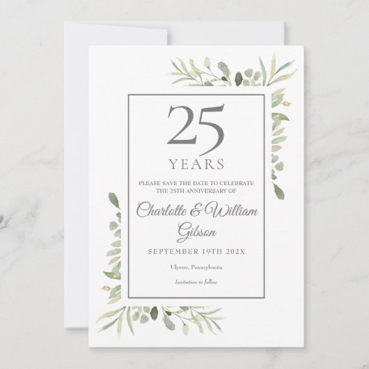 25th Silver Wedding Jubileum Greenery Save The Date (Voorkant)
