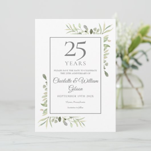 25th Silver Wedding Jubileum Greenery Save The Date (Staand voorkant)