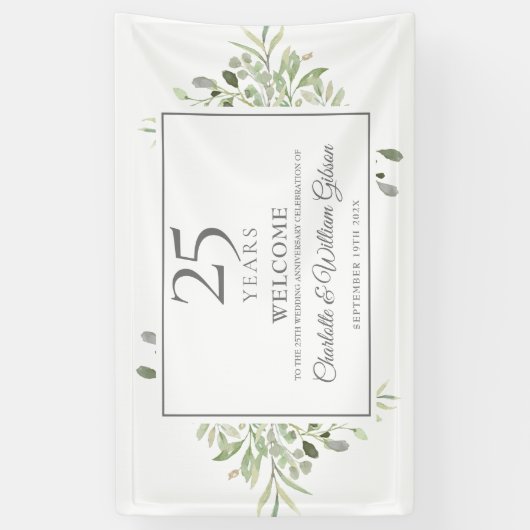 25th Silver Wedding Jubileum Greenery Welkom Spandoek (Verticaal)