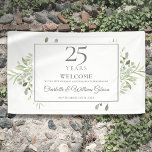 25th Silver Wedding Jubileum Greenery Welkom Spandoek<br><div class="desc">Met de fijne tuingrienery van de zachte waterverf kan deze chic botanical 25th bruiloft verjaardagsontwerp gepersonaliseerd worden met uw speciale verjaardagsfeestelijke welkomstinformatie in elegante zilvertekst. Ontworpen door: Thisnotme©</div>