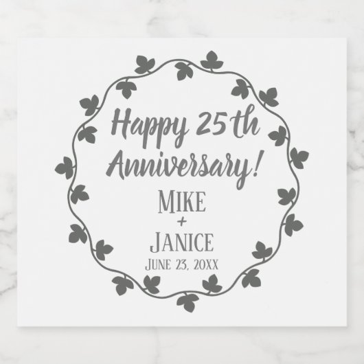 25th Silver Wedding Jubileum Ivy Krans Sparkling Wijnetiket (Enkel label)