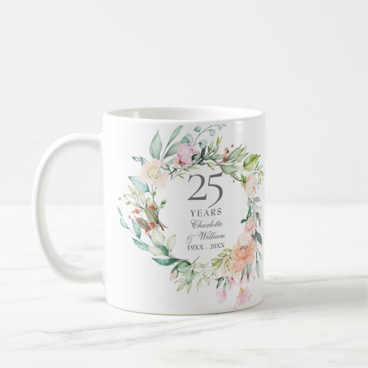 25th Silver Wedding Jubileum Rozen Greenery Koffiemok (Links)