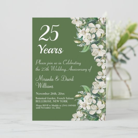 25th Silver Wedding Jubileum White Floral Kaart (Staand voorkant)