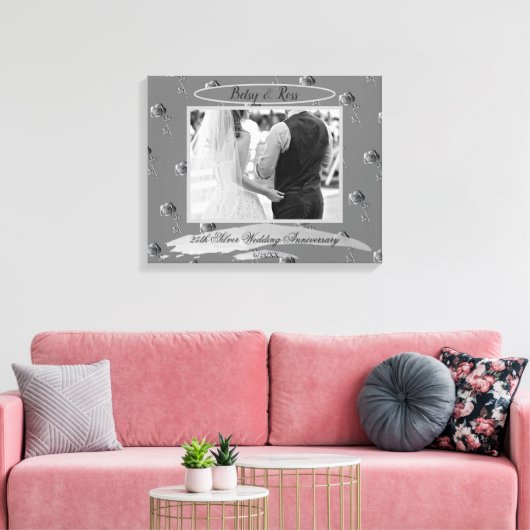 "25th Silver Wedding Jubileum" Zilveren Rozen kunn Canvas Afdruk (Insitu (Woonkamer))
