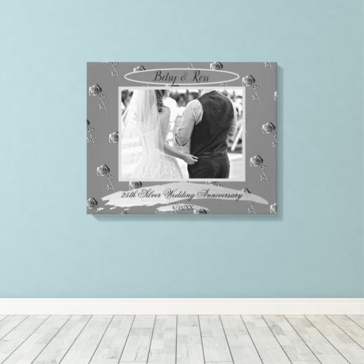"25th Silver Wedding Jubileum" Zilveren Rozen kunn Canvas Afdruk (Insitu (Houten vloer))